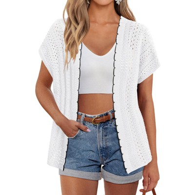 Clearlove Women Cardigan Summer Short Sleeves Hollow Out Crochet Knit Shrug Dressy V Neck Lightweight Sweater