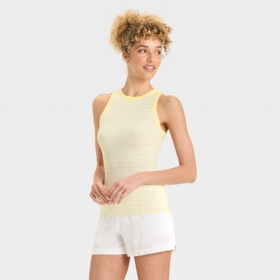 Women's Slim Fit Ribbed Tank Top - A New Day™ Yellow Striped L