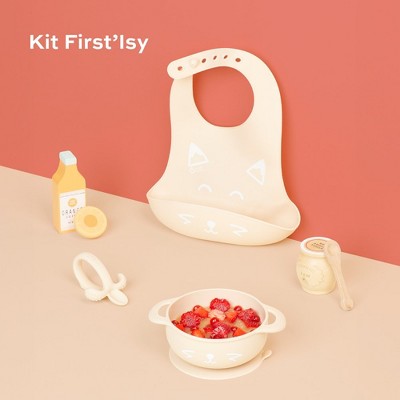 Beige Silicone Baby Feeding Set with Bowl, Spoon, and Bib