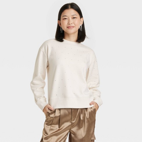 Women's Jeweled Pullover Sweatshirt - A New Day™ Cream S : Target