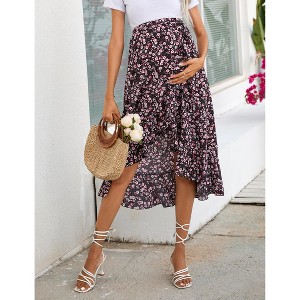Women's Maternity Midi Skirt Pleated Elastic High Waist Summer Spring Boho Casual Ruffle Flowy Wrap Split Long Skirt - 1 of 4