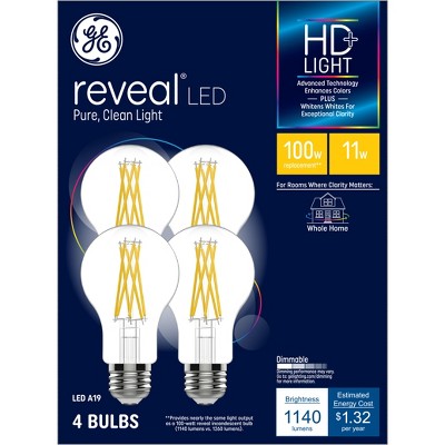 GE 4pk 100W Reveal A19 LED Medium Base Light Bulbs: 11W Dimmable, 1140 Lumens, 2850K, E26, 13.7-Year Life, Wet Location