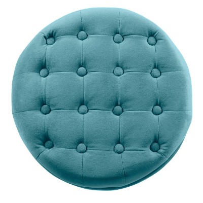 Teal Velvet Tufted Round Ottoman with Rustic Wood Legs