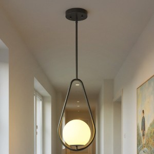 YANSUN 1-Light Modern Pendant Chandelier / Hanging Light with Frosted White Glass Globe, Black Metal Finish, Adjustable Rods - 1 of 4