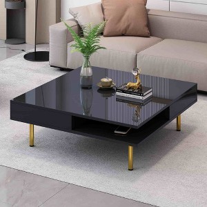 Lirago Modern High Gloss Coffee Table with 4 Golden Legs and 2 Hidden Drawers 2 Tier Square Living Room Center Table Black - 1 of 4