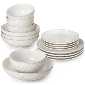 vancasso 16 piece white honeycomb-shaped embossed ceramic tableware set includes 4 dinner plates/dessert plates/pasta/cereal bowls - 1 of 4