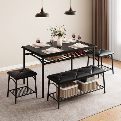 Kitchen Table with Bench, Dining Room Table Set for 4 with Upholstered Bench and Square Stools, Table Set with Storage -Black