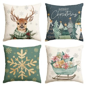 Merry Christmas Trees Reindeer Snowflake Throw Pillow Covers, 18 x 18 Inch Sleigh - 1 of 4