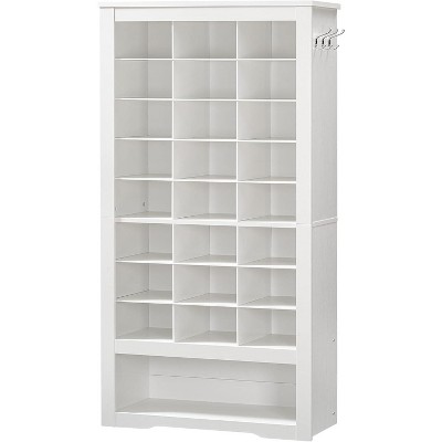 MaseiKar Tall Shoe Cabinet, 9 Tier Shoe Storage Cabinet, Freestanding Wooden Shoe Cabinet Organizer with 24 Cubbies and 3 Hooks, for Living Room
