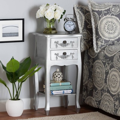 Eliya Silver Brushed Wood 2-Drawer Accent Table with Carved Details