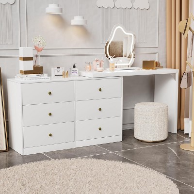 PAKASEPT Vanity Tables with Lighted Mirror, Modern Makeup Table with 6 Drawers, 3 Color Lighting Modes