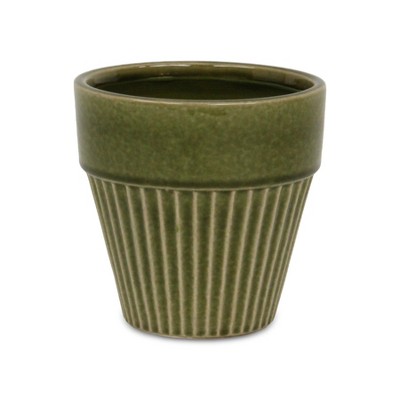 Cheung's Corseta Tapered Vertical Lined Pattern Ceramic Pot - Large - Olive Green