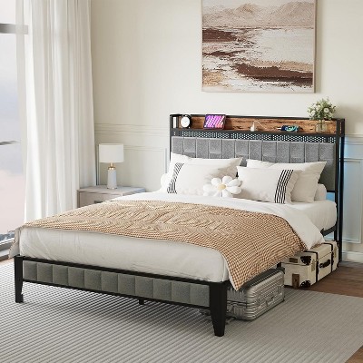 Queen Bed Frame with Headboard, Charging Station, LED Lights, Underbed Storage, Metal Slat Support – No Box Spring Needed for Apartments & Dorms