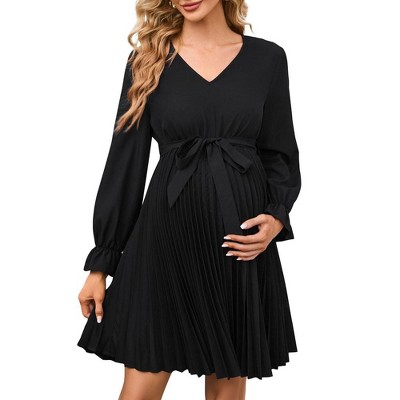 Womens Maternity Long Puff Sleeve Pleated Dress V Neck Ruffle Casual Flowy Belted Midi Dress Baby Shower Photoshoot
