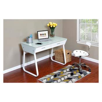 Ultramodern Glass Computer Desk with Drawers Steel Frame White - OneSpace