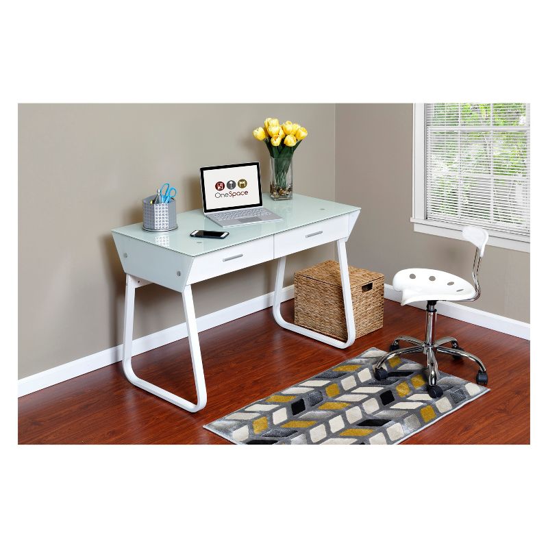 Ultramodern Glass Computer Desk with Drawers Steel Frame White - OneSpace, 1 of 8
