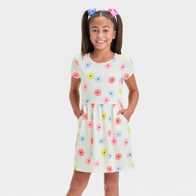 Girls' Short Sleeve Floral Dress - Cat & Jack™ Cream/Blue/Pink M