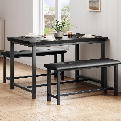 44.5" Dining Table Set for 4 - 2 Upholstered Benches, Space-Saving Rectangular Design for Apartment/Kitchen