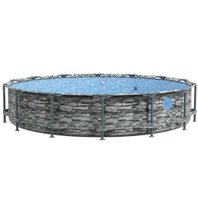 Outsunny 14' Gray Steel Frame Round Pool with Filter Pump