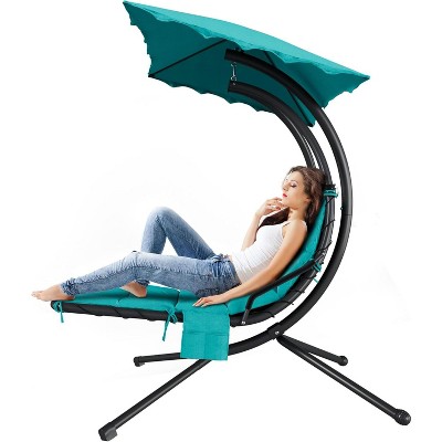 Chaise Lounger Swing Chair with Umbrella Canopy, Patio Hanging Chaise Lounger Chair with Stand, Curved Steel Outdoor Lounge Chairs for Garden