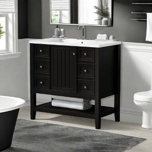 NicBex 36'' Bathroom Storage Cabinet with Sink, Bathroom Vanity, 1 Spacious Cabinet, 1 Open Shelf and 3 Drawers for Bathroom, Black - 1 of 4