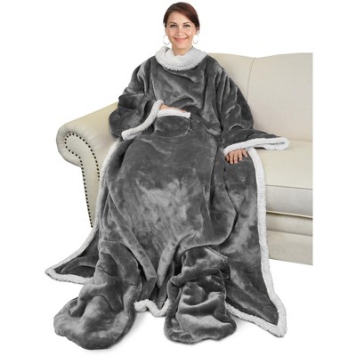 Catalonia Adult Fleece Wearable Blanket with Sleeves & Foot Pockets, Snuggle Wrap Sleeved Flannel Throw Blanket Robe, Warm Gifts Idea for Her Him