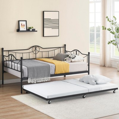 Twin Daybed with Trundle, Modern Pull Out Metal Day Bed with Vintage Headboard, Sturdy Daybed Frame with Metal Slat Support