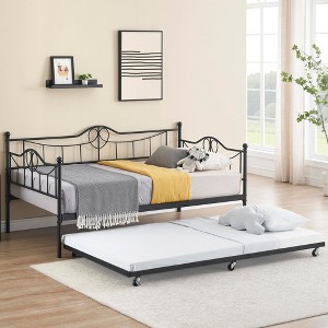 Twin Daybed with Trundle, Modern Pull Out Metal Day Bed with Vintage Headboard, Sturdy Daybed Frame with Metal Slat Support - 1 of 4