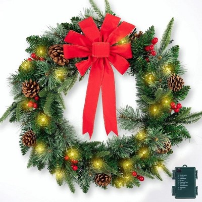 WOPET 24" Pre-Lit Christmas Wreath - 70 LED Lights, PVC Branches, Pine Cones, and Ribbons, Battery-Operated, Green & Red