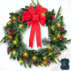 WOPET 24" Pre-Lit Christmas Wreath - 70 LED Lights, PVC Branches, Pine Cones, and Ribbons, Battery-Operated, Green & Red - 1 of 1