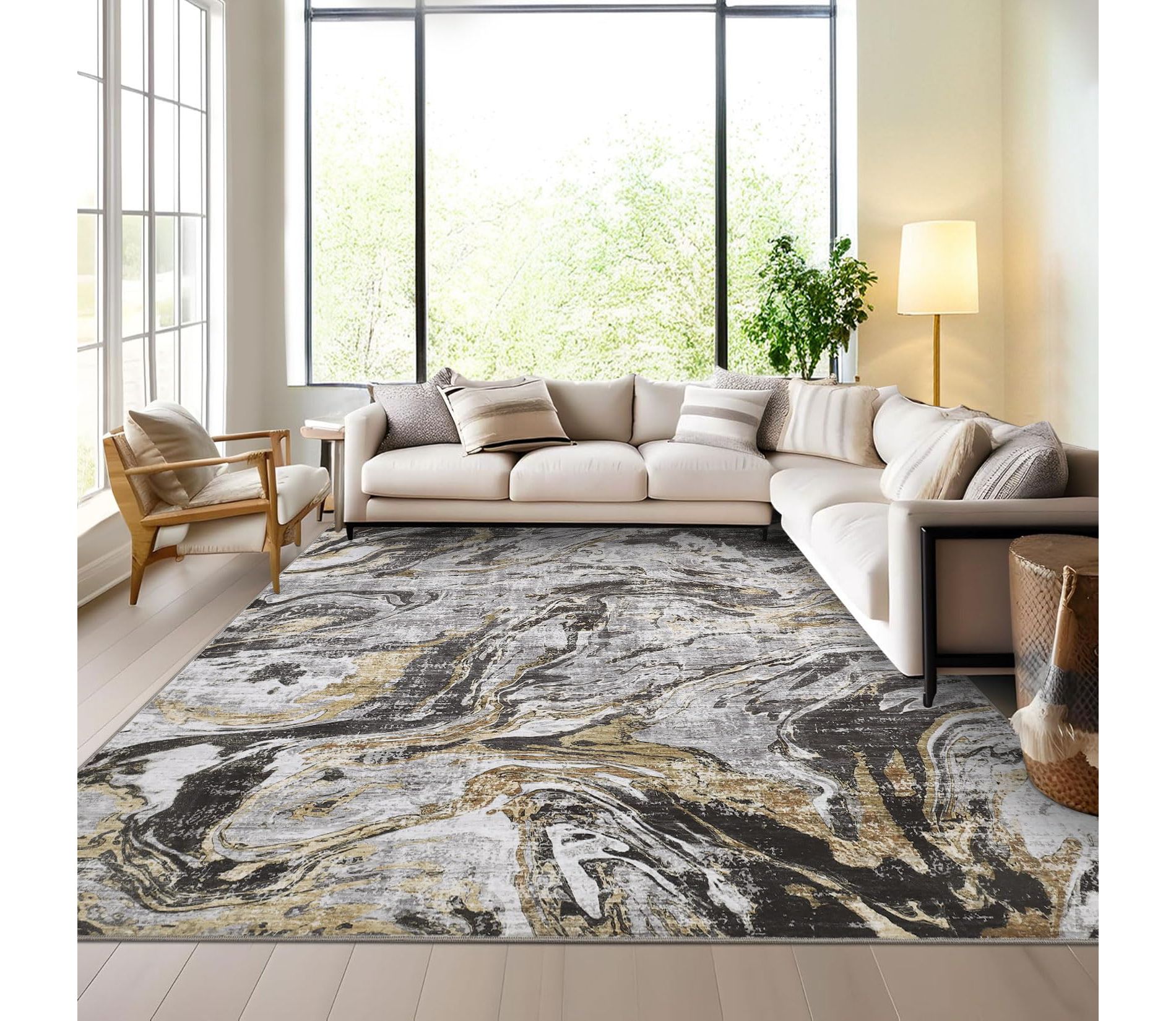 8x10 Rugs Washable Modern - Abstract Grey Area Rug for Living Room, Non-Shedding Low Pile Carpet, Easy Clean