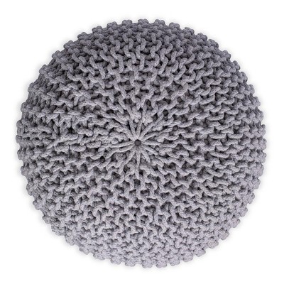 Moroccan Inspired Light Grey Knitted Round Pouf Ottoman