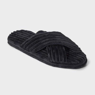 Image of Women's Plush Corduroy Cross Over Slide Slipper Socks with Memory Foam Sole & Grippers - Auden™ Black M/L