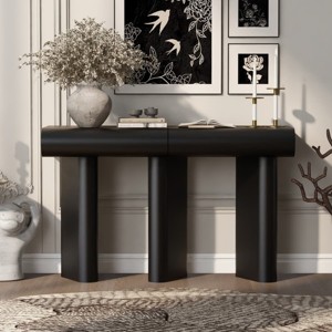 Modern Console Table with Drawers, Curved Entryway Accent Table with Glossy Finish and Geometric Legs, Narrow Black Hall Table-The Pop Home - 1 of 4