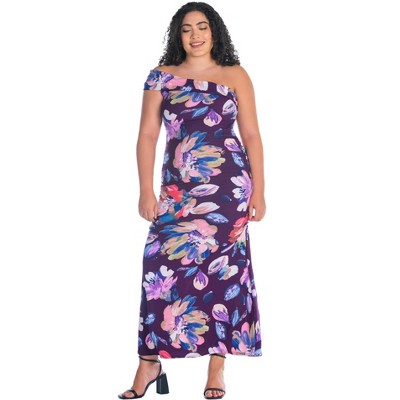 Womens Plus Size Purple Floral One Shoulder Rouched Mermaid Maxi Dress ...