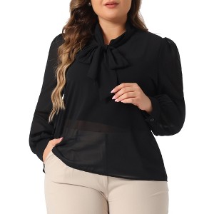 Agnes Orinda Women's Plus Size Dressy Bow Tie Neck Long Sleeve See-Through Chiffon Blouses - 1 of 4