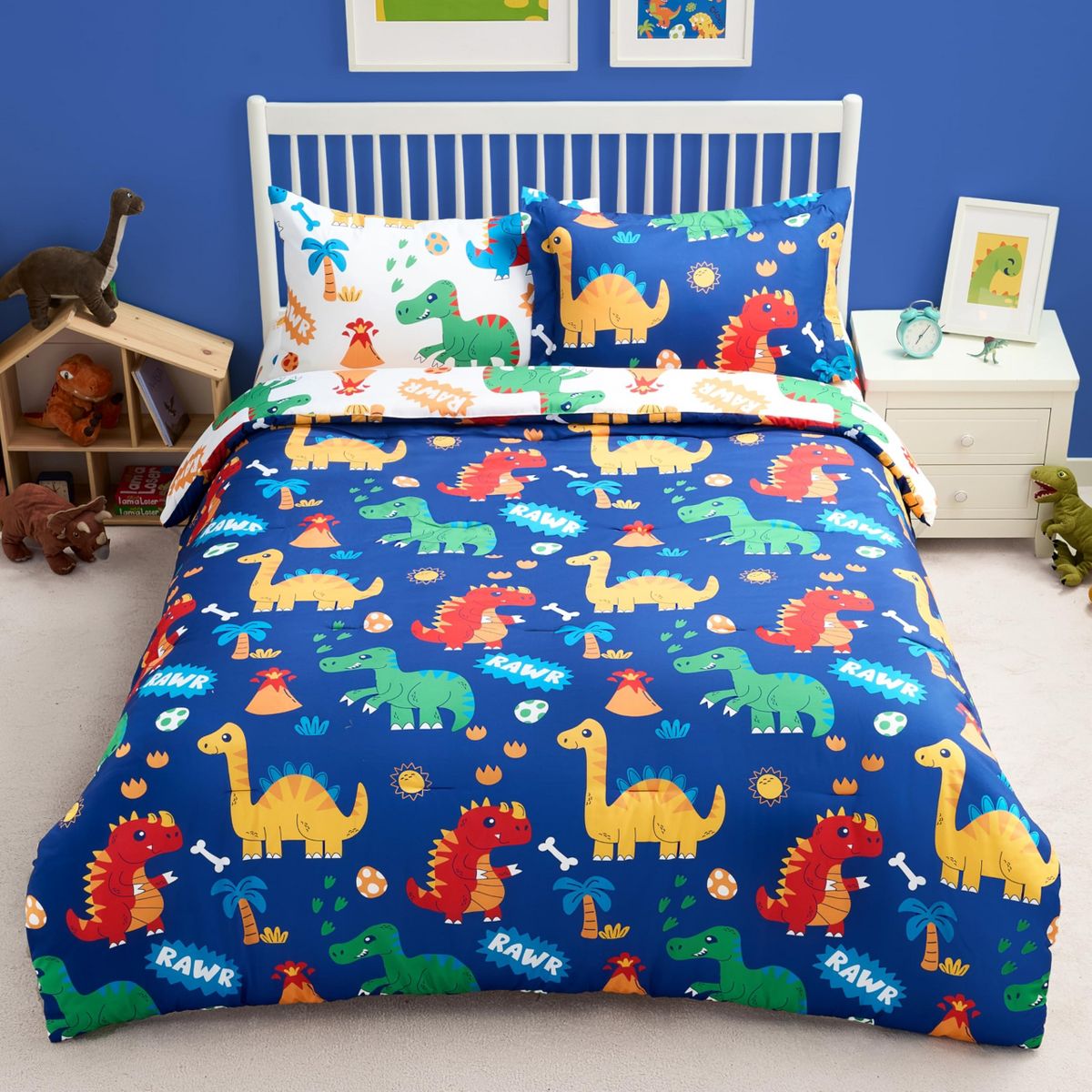 Joyfy Kids Full Comforter Set for Toddler Teen Boys Cute Dinosaur Bedding Set Super Soft Microfiber Bed in a Bag with Comforter Sheet Pillowcase Sham