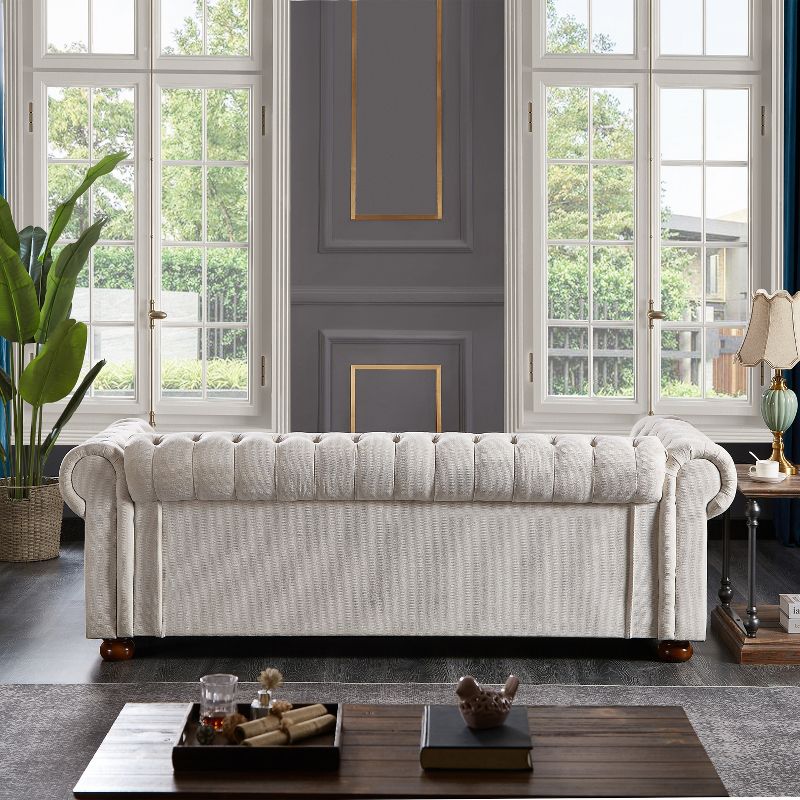 Chesterfield Linen Tufted Nailhead Upholstered Sofa with Wooden Legs - ModernLuxe, 4 of 12