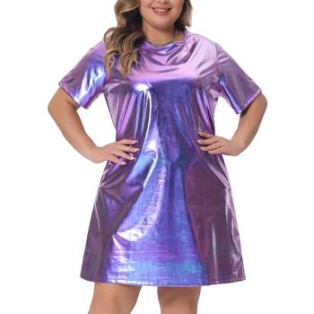 Agnes Orinda Women's Plus Size Metallic Round Neck Short Sleeve Party Loose Mini T-Shirt Dress