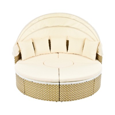 DSVIMOY Patio Daybed, Outdoor Sectional Sofa Set with Retractable Canopy, Separate Seating and Removable Cushion, Beige, 66.5"*65"*53.5"
