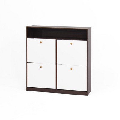 PDTEND Shoe Storage Cabinet With 4 Flip Drawers, Shoe Rack Organizer Cabinet with Wooden Handle and Anti-Tip Fitting - Walnut