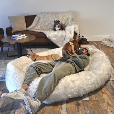 Human-Size White and Brown Faux Fur Memory Foam Dog Bed