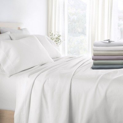 300 Thread Count 100% Cotton 4 Piece Solid Sheet Set Sateen Weave - Becky Cameron, White, Queen
