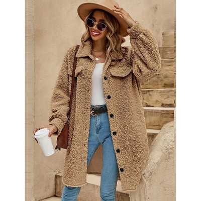 Coolmee Women's Fuzzy Fleece Lapel Open Front Long Cardigan Coat Faux Fur Warm Winter Outwear Jackets