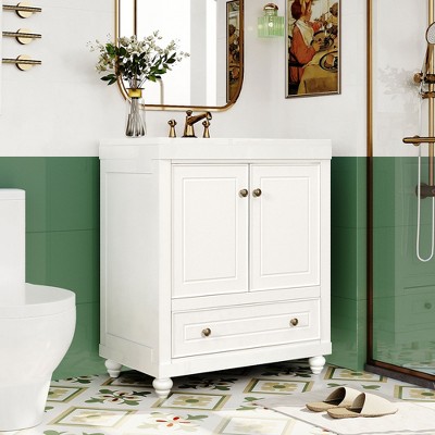 30" Bathroom Vanity with Single Sink Combo, Freestanding Ceramic Sink Vanity Set With Drawer, Bathroom Storage Cabinet For Home Bathroom Office Garage