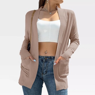 Women's Soft Knit Lightweight Cardigans with Long Sleeve and Side Pockets,Apricot - XL