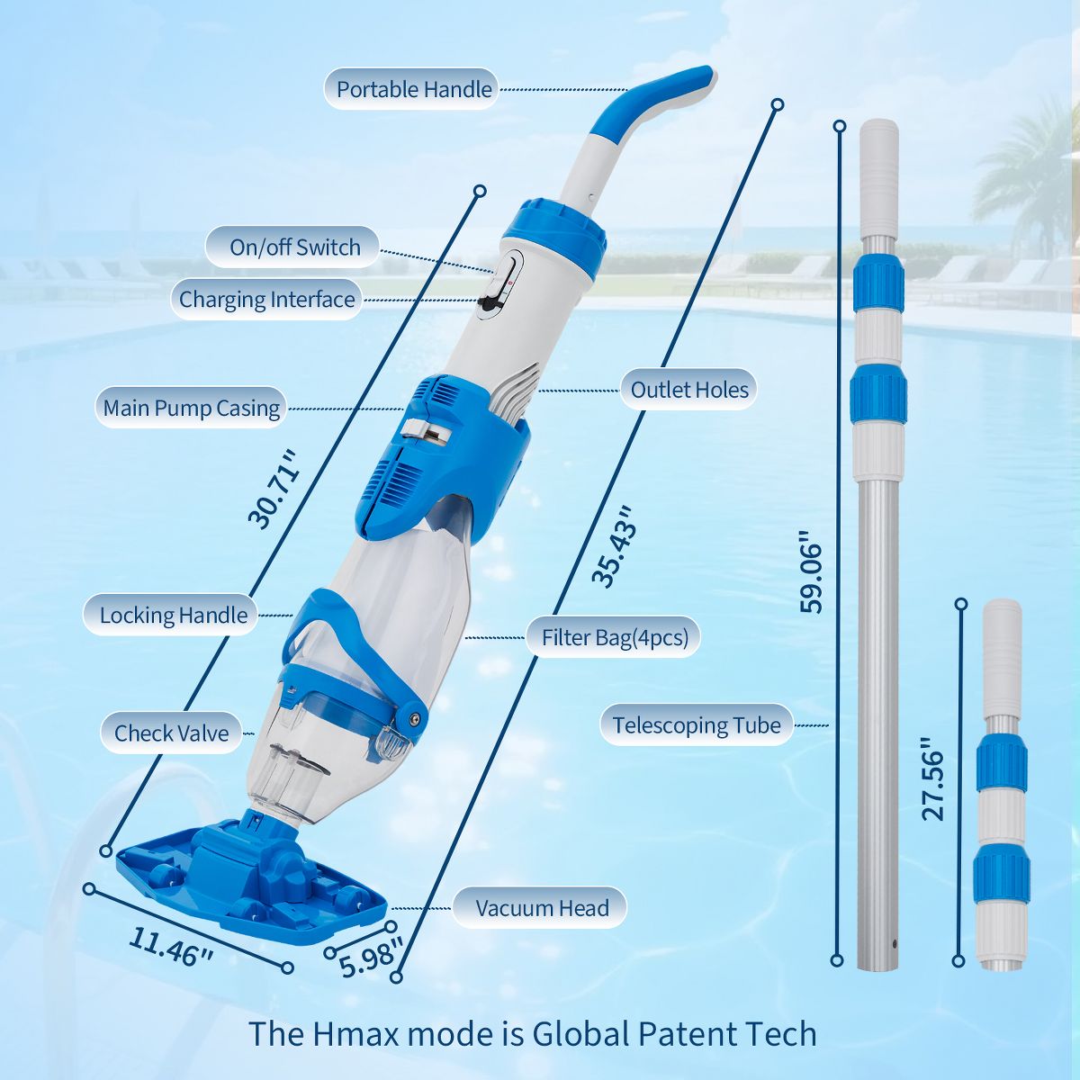 Handheld Pool Vacuum with Telescopic Pole, Swimming Pool Cleaner 19.8GPM Suction for Above Ground Inground Pools Spa Hot Tub, Dual-Filter System - thumbnail 7