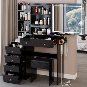 Kumasinova 37" Makeup Vanity Desk with 2 AC&2 USB Outlets,Vanity Mirror with Lights,Vanity Table with Stool&Hair Dryer Holder,Touch LED Sliding Mirror - 1 of 4