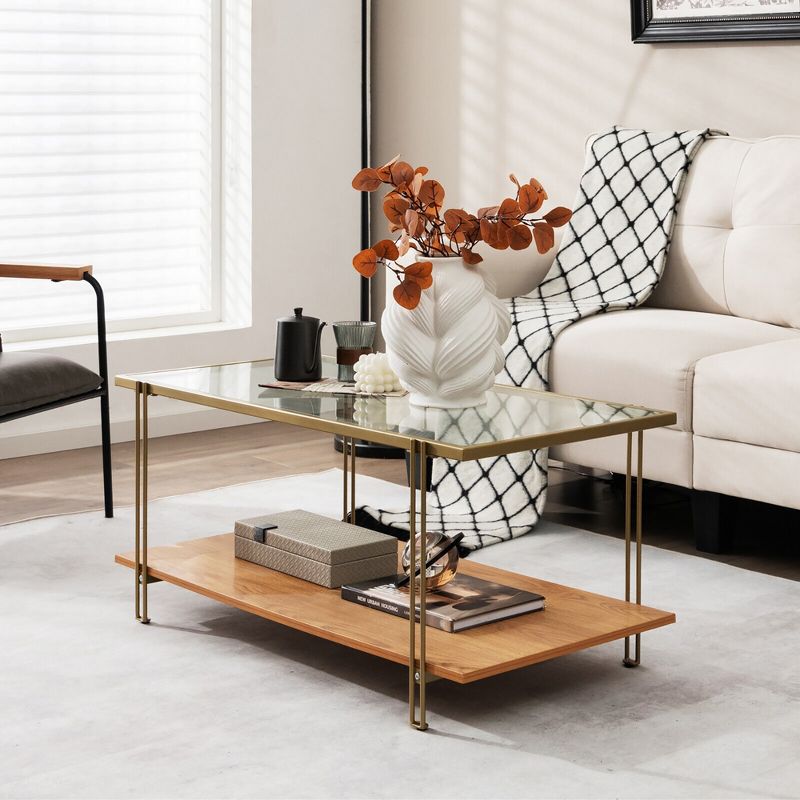 Tangkula Coffee Table Rectangle Glass Top w/ Storage Shelf & Gold Steel Frame Living Room, 4 of 11