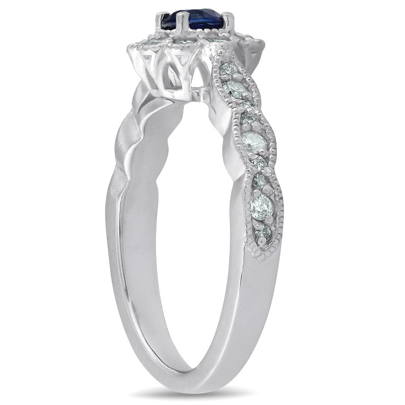 Pompeii3 5/8 ct Blue Sapphire Halo Vintage Diamond Engagement Ring 14k White Gold, 2 of 5